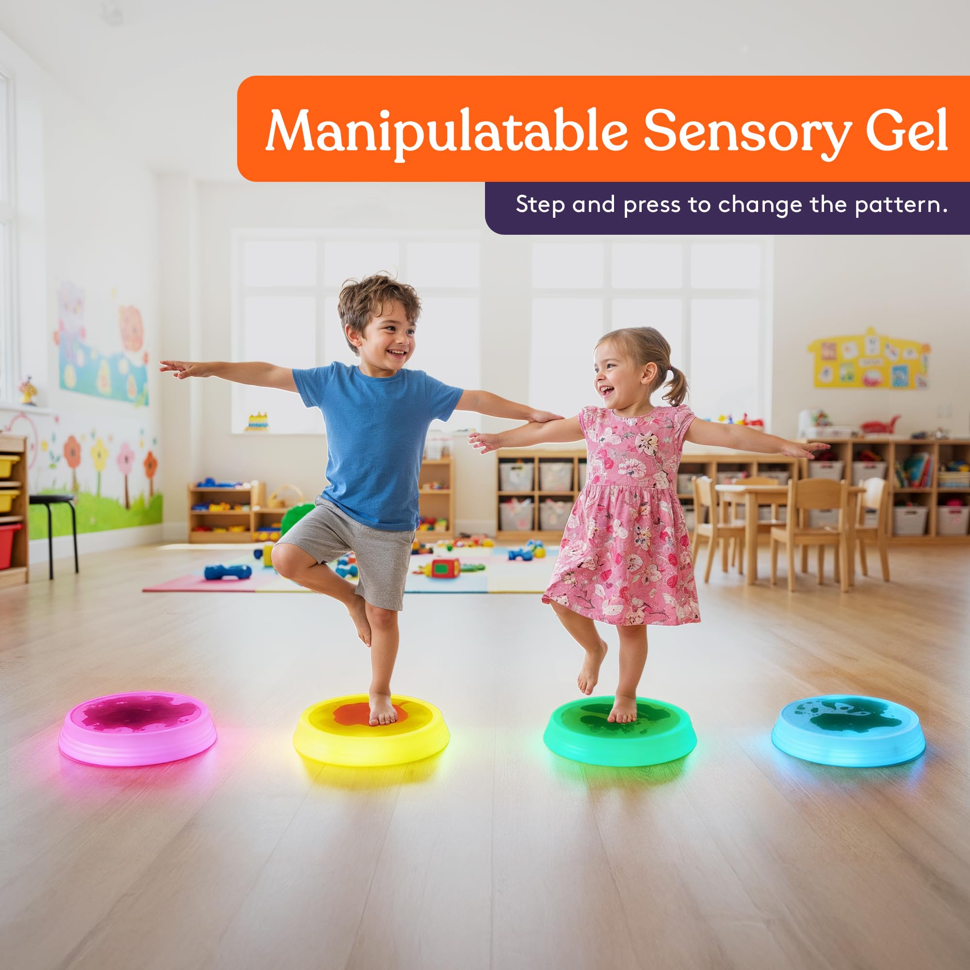Special Supplies Liquid Gel LED Stepping Stones for Kids - Light-Up Circle Balance Blocks - Promote Coordination, Balance, Strength for Toddlers & Children - Durable Non-Slip Rubber, Safe Indoor & Outdoor Play - 4 Pack