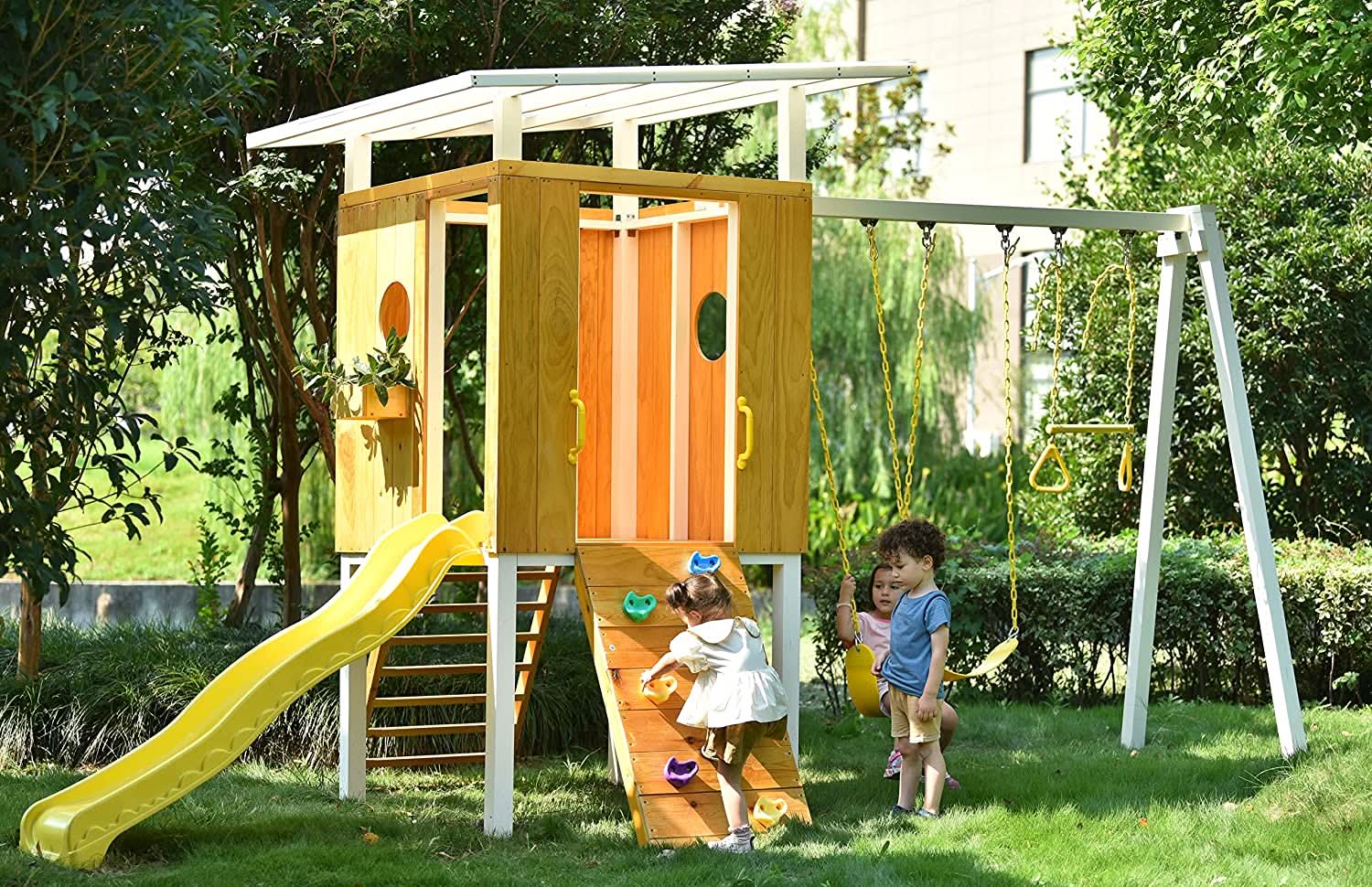 Forest - Modern Backyard Outdoor Swing Set 2 Swings And Trapeze Bar