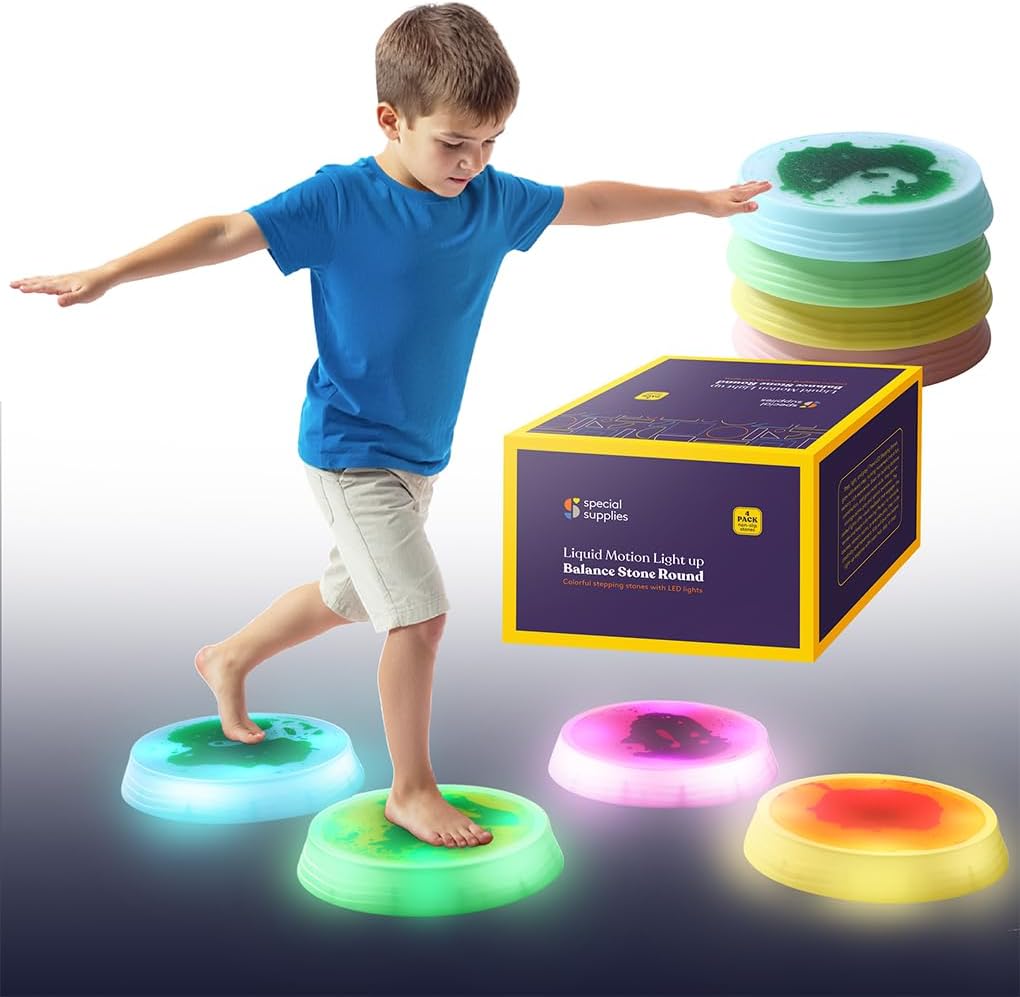 Special Supplies Liquid Gel LED Stepping Stones for Kids - Light-Up Circle Balance Blocks - Promote Coordination, Balance, Strength for Toddlers & Children - Durable Non-Slip Rubber, Safe Indoor & Outdoor Play - 4 Pack