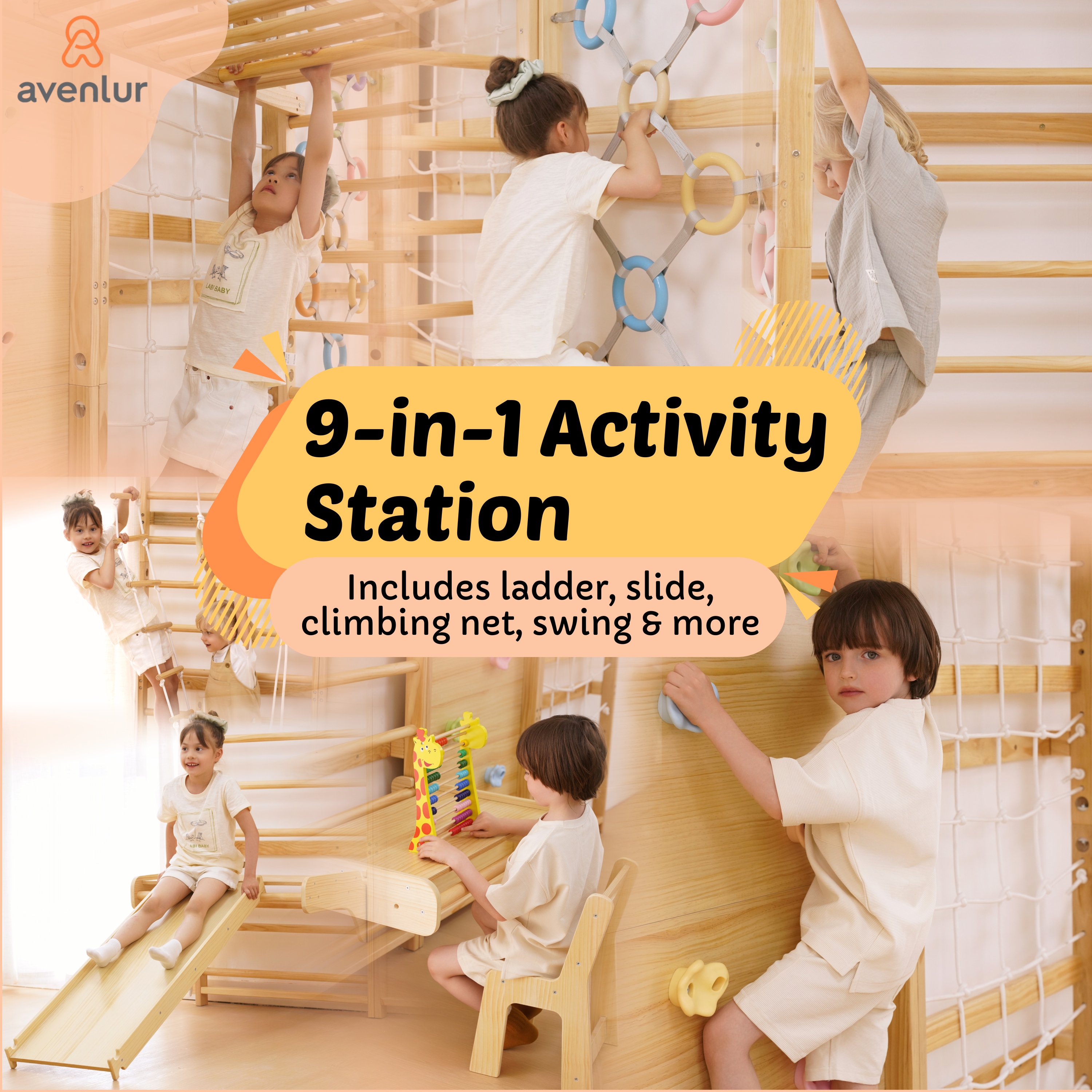 Walnut Modular 9-in-1 Swedish Ladder Wall Gym – Indoor Climber for Kids & Toddlers 95" Height