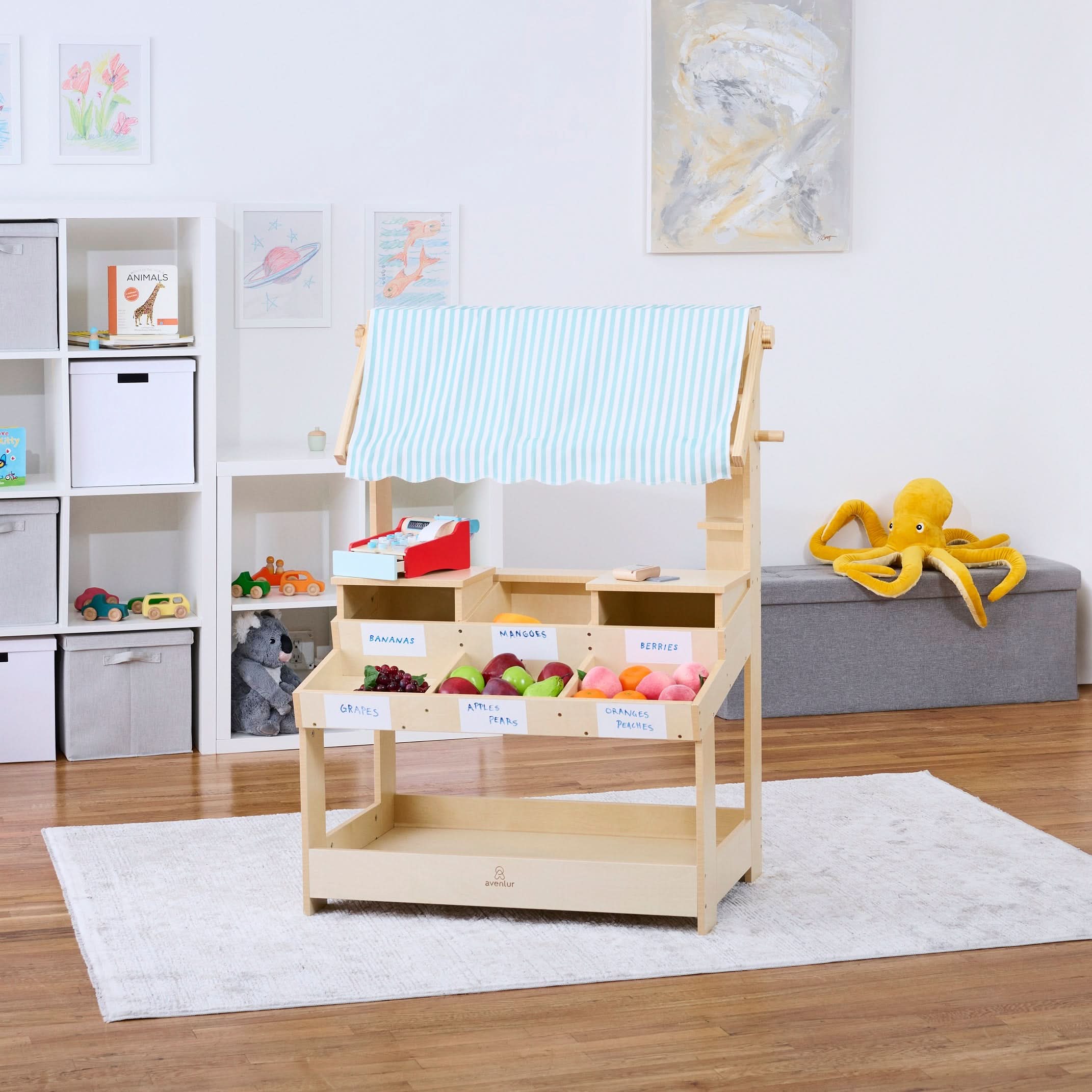 Cypress Wooden Market Stand – Pretend Play Shop for Kids with Storage