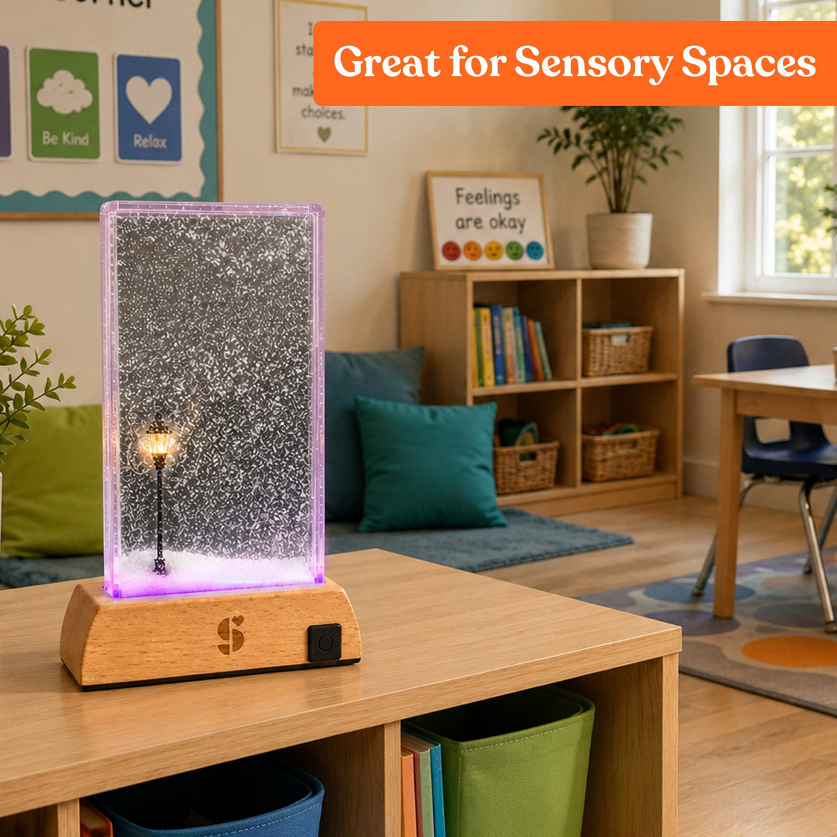 Special Supplies Soft Snowfall Glow Lamp with 3 Color LED Modes, Sensory Night Light with Floating Snow Effect, Acrylic Mood Lamp with Wooden Base for Bedroom Desk Office Relaxation Decor