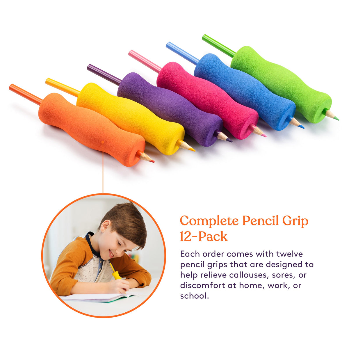 Long Foam Pencil Grips for Kids and Adults (12-Pack) Colorful, Cushioned Holders for Handwriting, Drawing, Coloring | Ergonomic Right or Left-Handed Use | Reusable