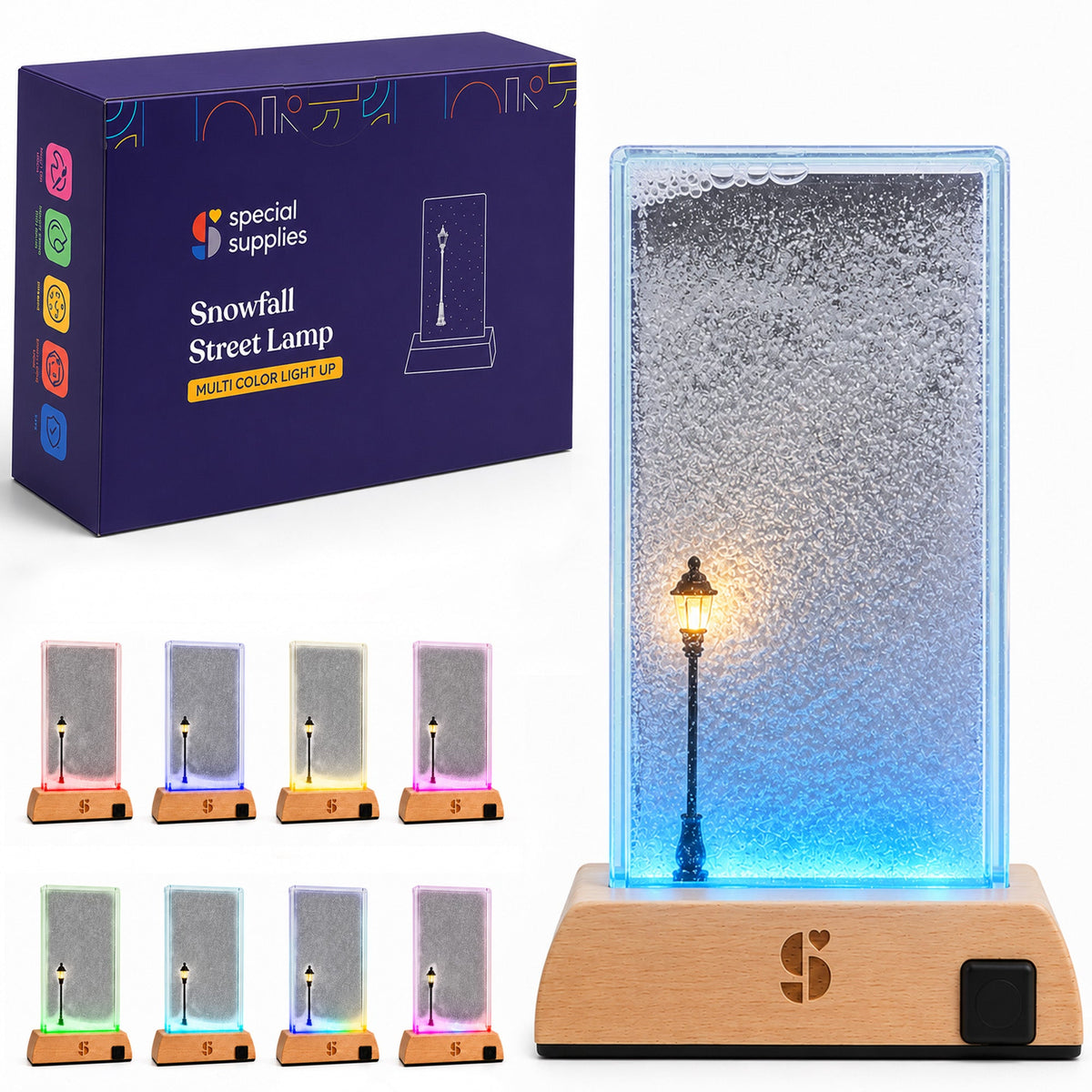 Special Supplies Soft Snowfall Glow Lamp with 3 Color LED Modes, Sensory Night Light with Floating Snow Effect, Acrylic Mood Lamp with Wooden Base for Bedroom Desk Office Relaxation Decor