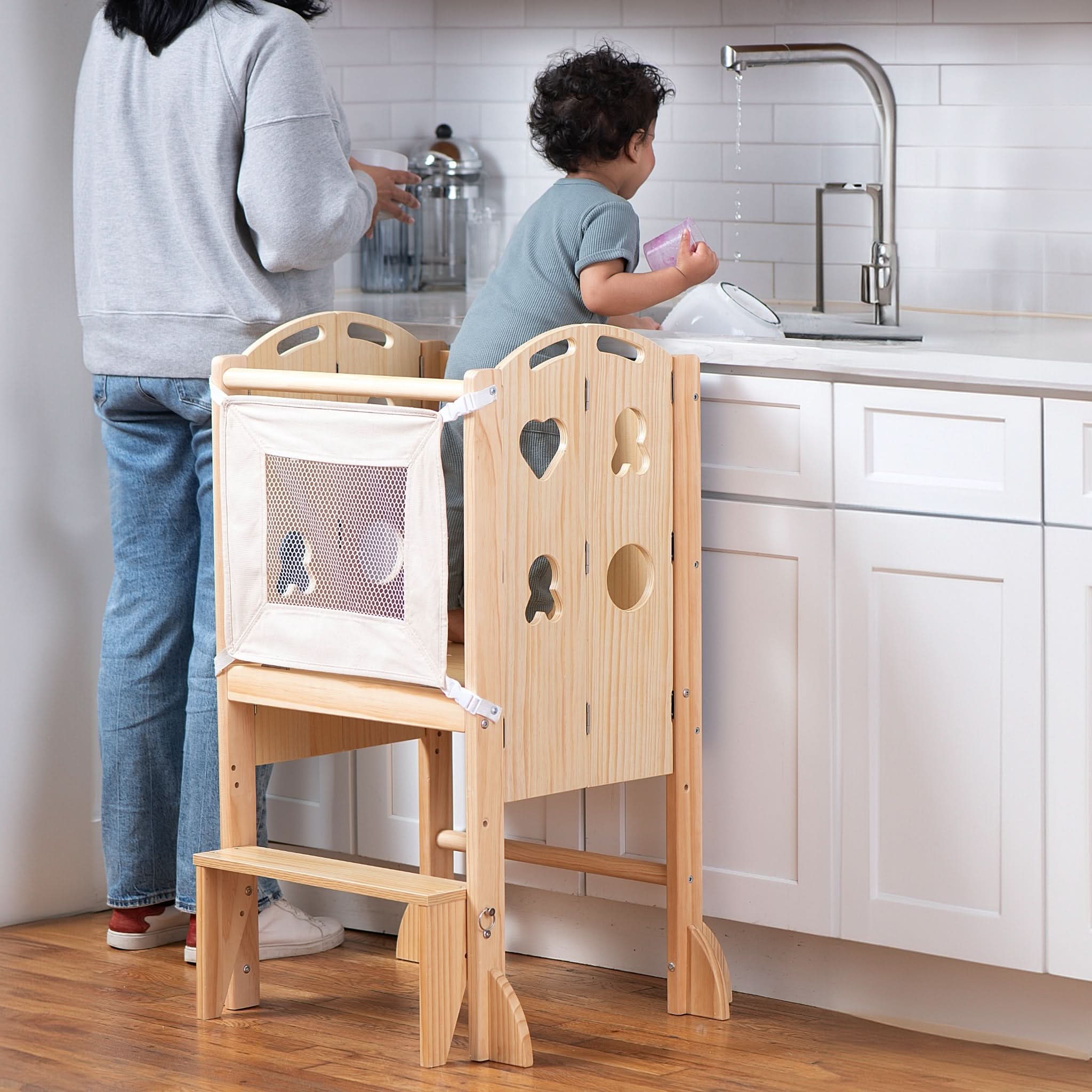 PreK Laurel 4-in-1 Foldable Kitchen Tower, Step Stool, Slide & Chalkboard