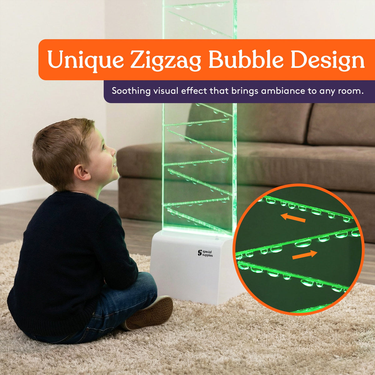 Special Supplies LED Zigzag Bubbler with Colorful Fountain Tubes for Sensory Relief, and Calming Lighting, Office, Classroom, or Home Decor, Adjustable RGB Lights with Remote