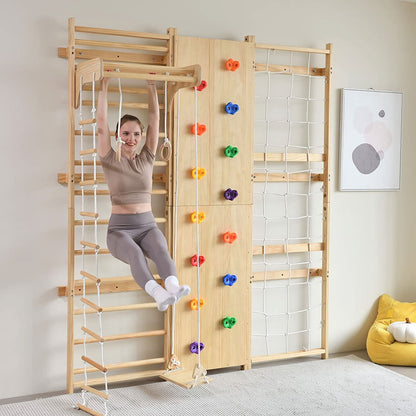 Walnut 9-in-1 Swedish Ladder Wall Gym | Indoor Wooden Climber & Activity Set for Kids