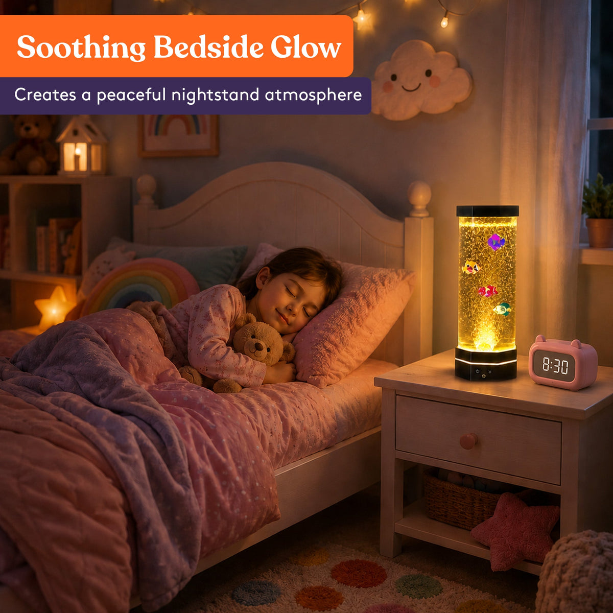 Special Supplies Aquarium Sensory Fish Bubble Light Tube with 16 LED Color Changing Nightlight Effect, Remote Control, and 5 Fish, Colorful Desk Standing Lamp 16"