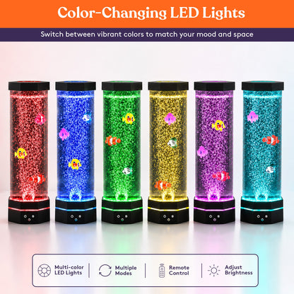 Special Supplies Aquarium Sensory Fish Bubble Light Tube with 16 LED Color Changing Nightlight Effect, Remote Control, and 5 Fish, Colorful Desk Standing Lamp 16"