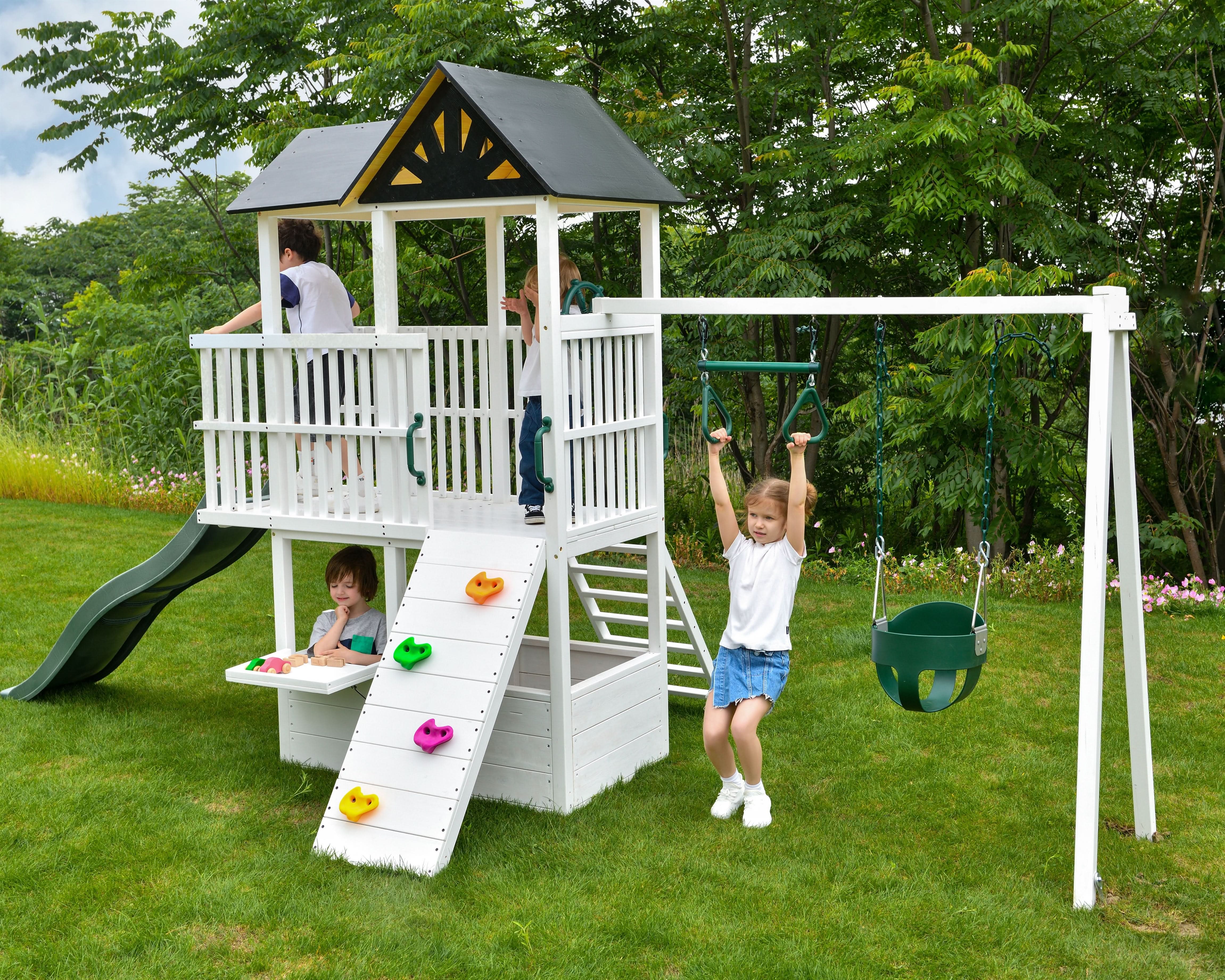 Craftsman Modern Outdoor Swing Set | Wooden Backyard Swing Frame for Kids