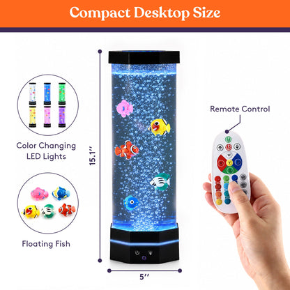 Special Supplies Aquarium Sensory Fish Bubble Light Tube with 16 LED Color Changing Nightlight Effect, Remote Control, and 5 Fish, Colorful Desk Standing Lamp 16"