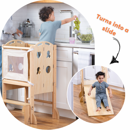PreK Laurel 4-in-1 Foldable Kitchen Tower, Step Stool, Slide & Chalkboard