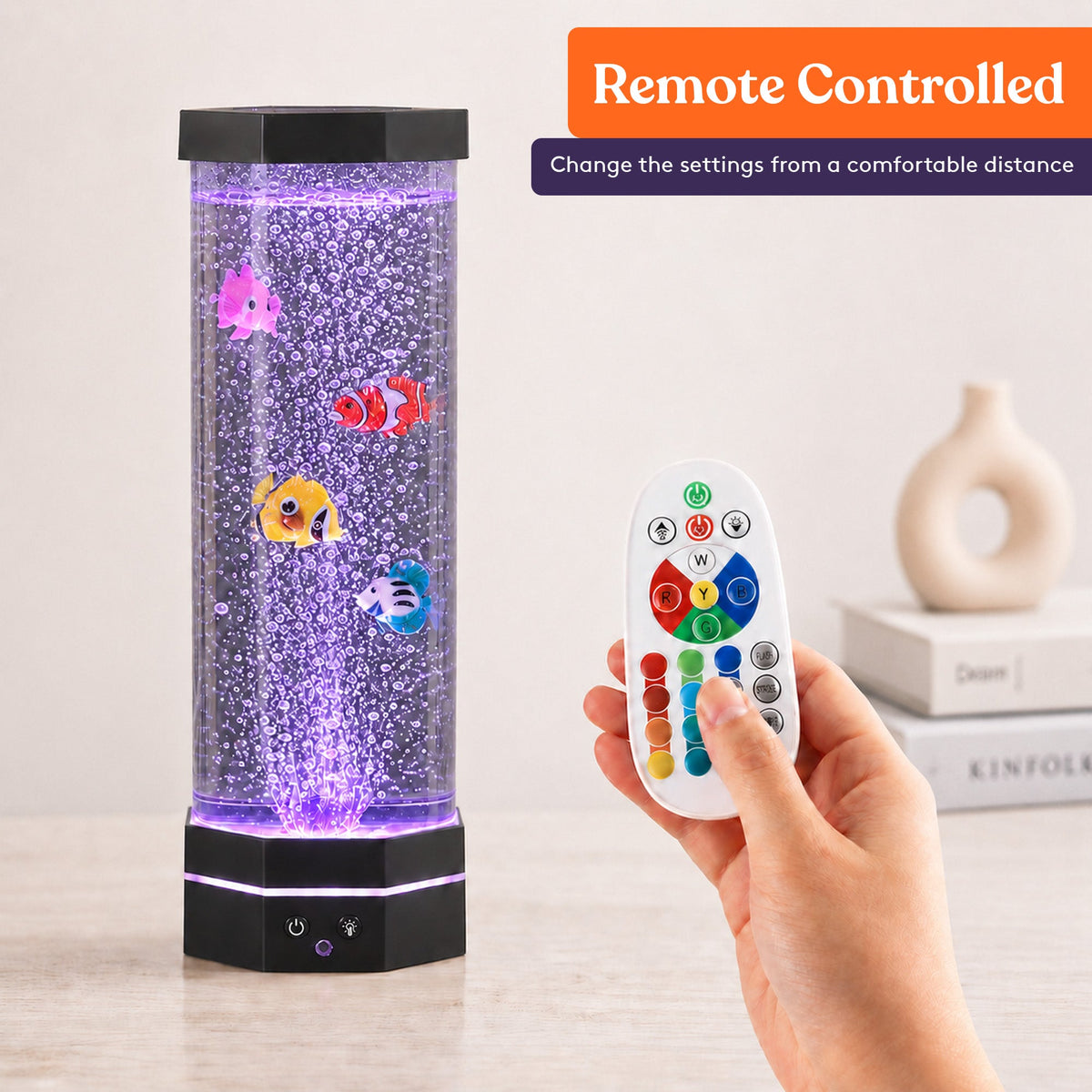 Special Supplies Aquarium Sensory Fish Bubble Light Tube with 16 LED Color Changing Nightlight Effect, Remote Control, and 5 Fish, Colorful Desk Standing Lamp 16"