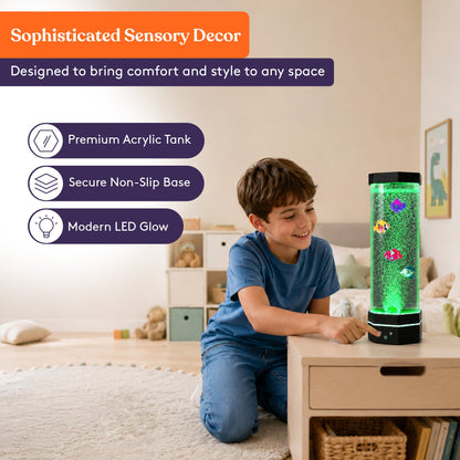 Special Supplies Aquarium Sensory Fish Bubble Light Tube with 16 LED Color Changing Nightlight Effect, Remote Control, and 5 Fish, Colorful Desk Standing Lamp 16"