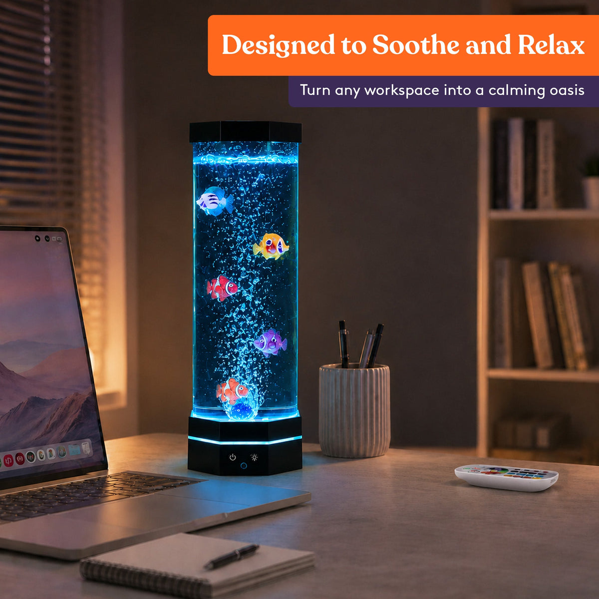 Special Supplies Aquarium Sensory Fish Bubble Light Tube with 16 LED Color Changing Nightlight Effect, Remote Control, and 5 Fish, Colorful Desk Standing Lamp 16"