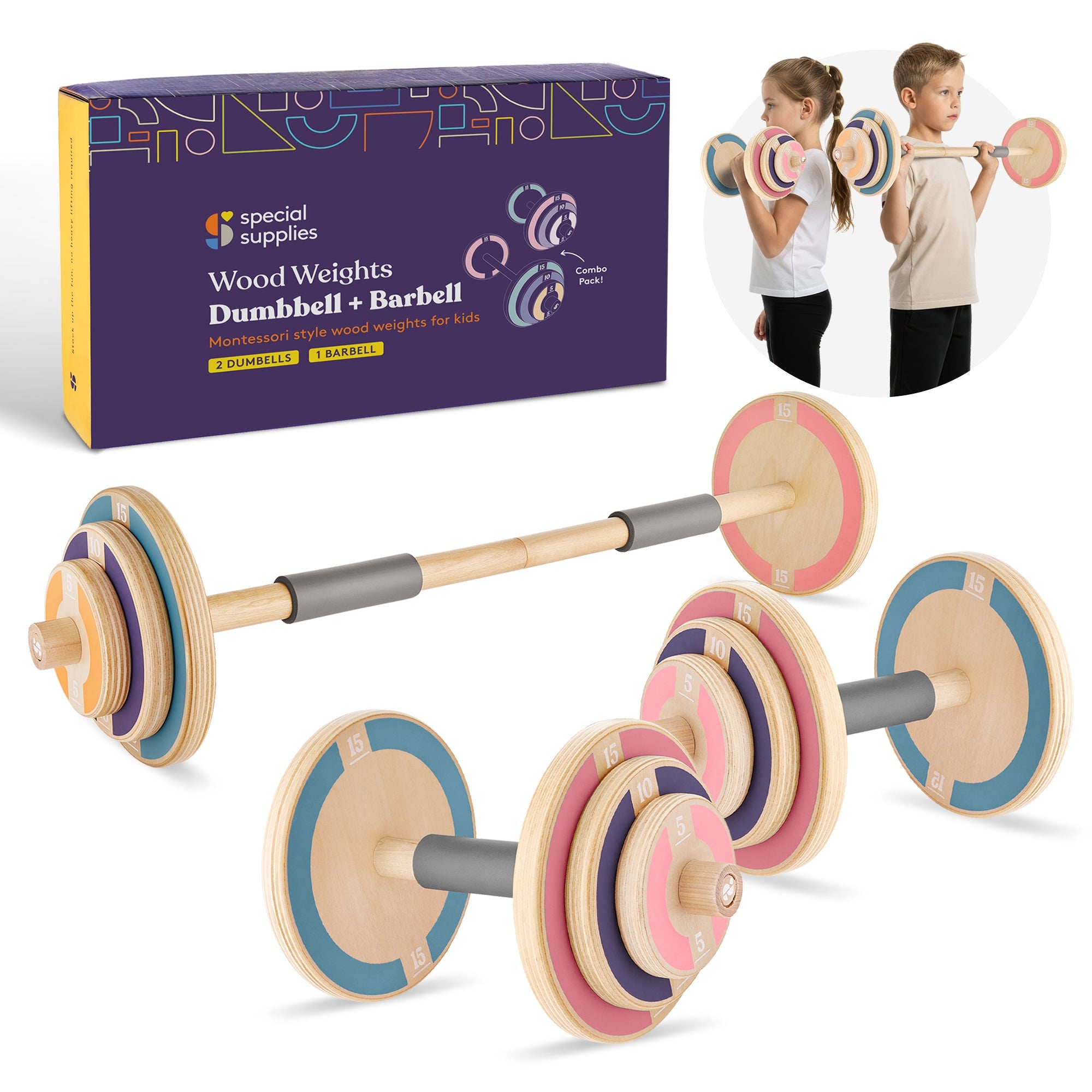 Special Supplies Kids Wooden Workout Weights, Great Exercise Equipment for Home or School (Barbell and Dumbbell)