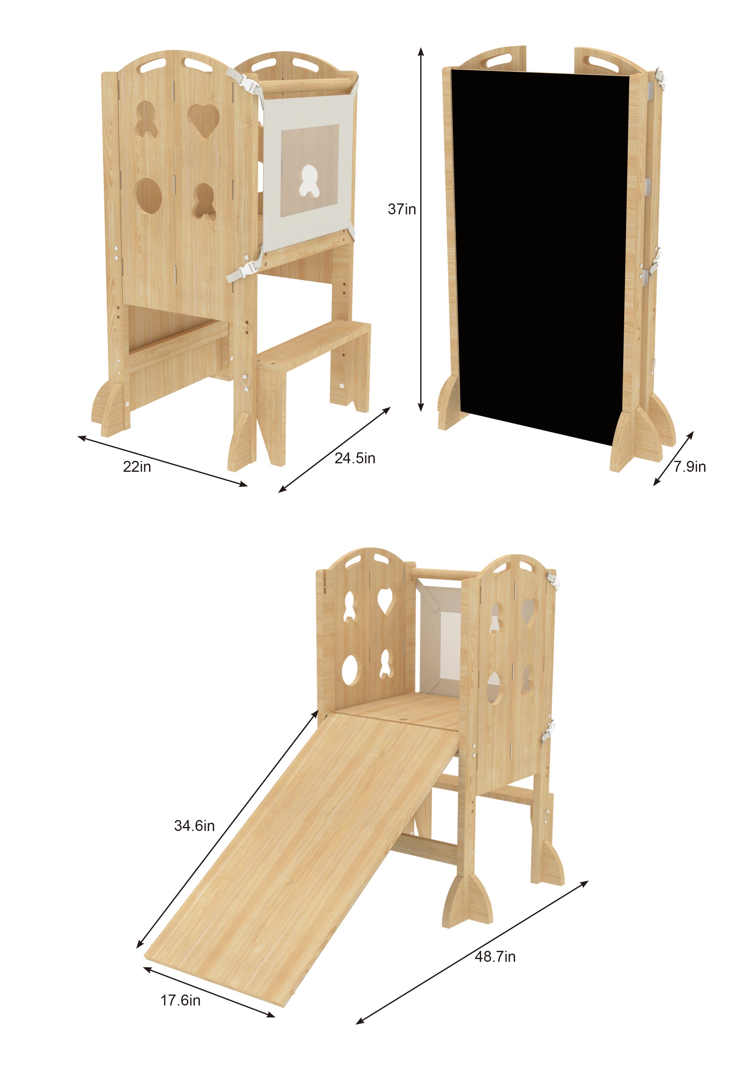 PreK Laurel 4-in-1 Foldable Kitchen Tower, Step Stool, Slide & Chalkboard