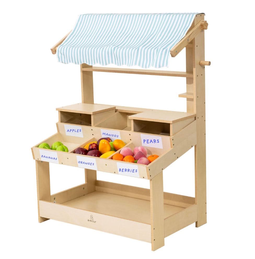 Cypress Wooden Market Stand – Pretend Play Shop for Kids with Storage