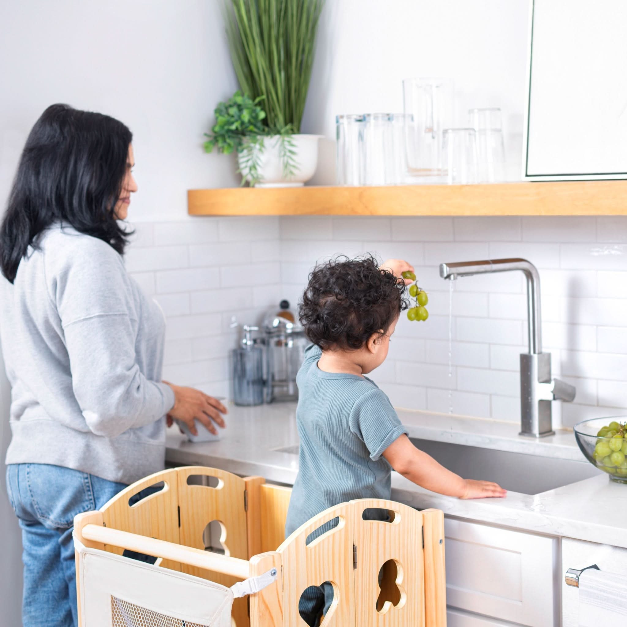 PreK Laurel 4-in-1 Foldable Kitchen Tower, Step Stool, Slide & Chalkboard