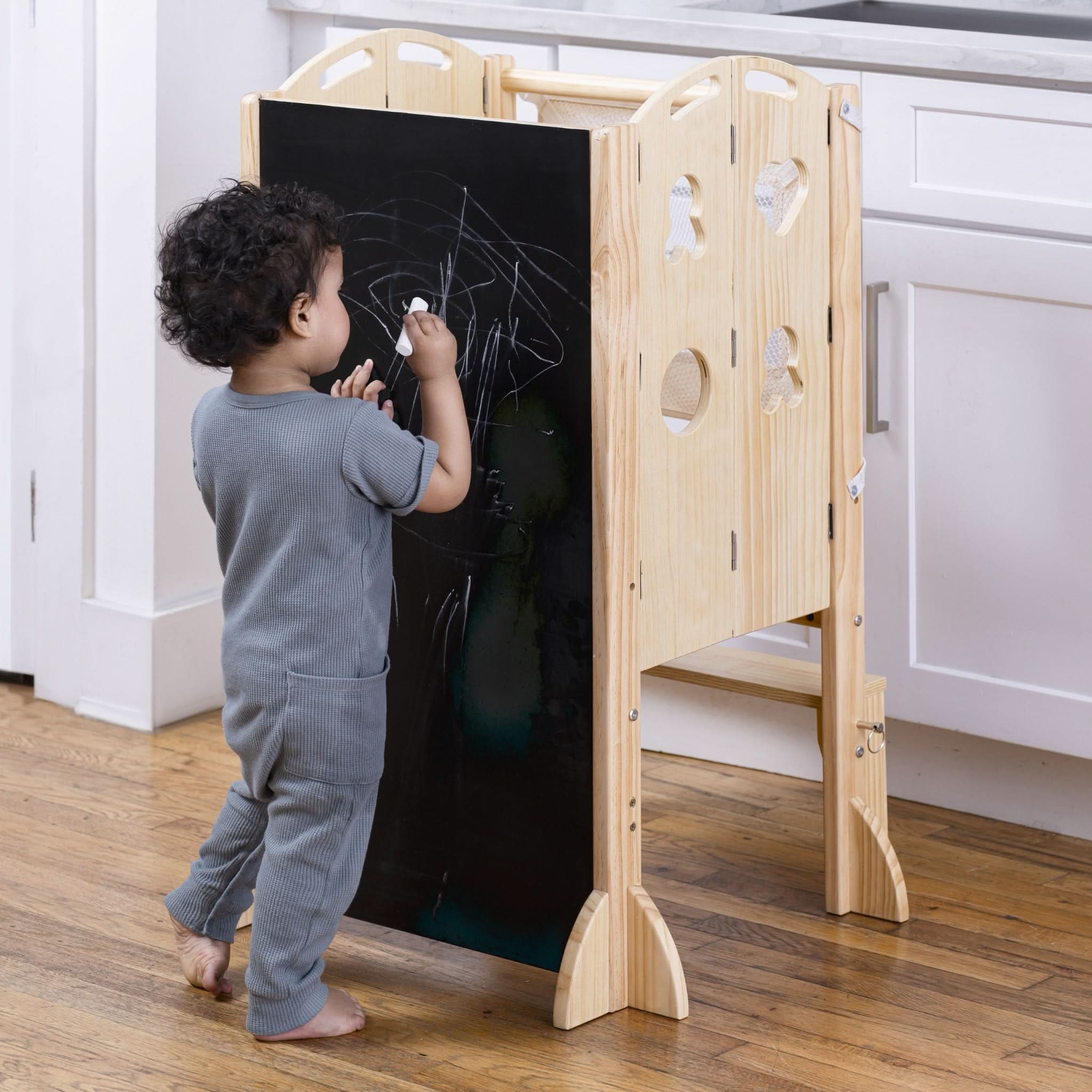 PreK Laurel 4-in-1 Foldable Kitchen Tower, Step Stool, Slide & Chalkboard