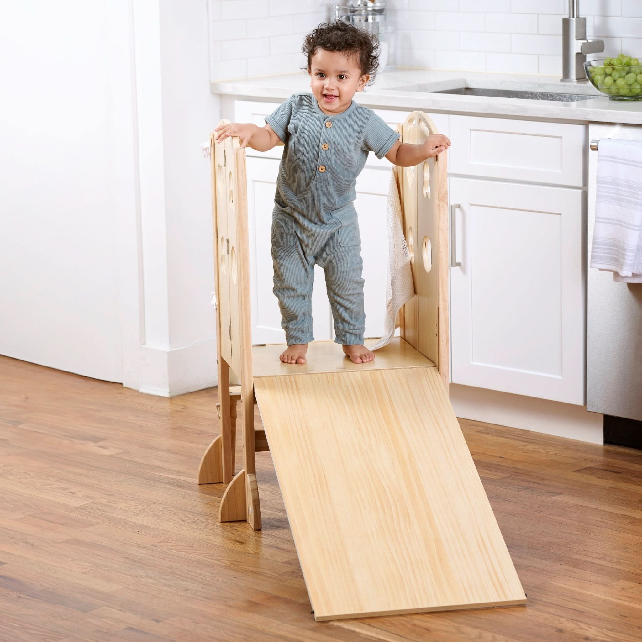 PreK Laurel 4-in-1 Foldable Kitchen Tower, Step Stool, Slide & Chalkboard